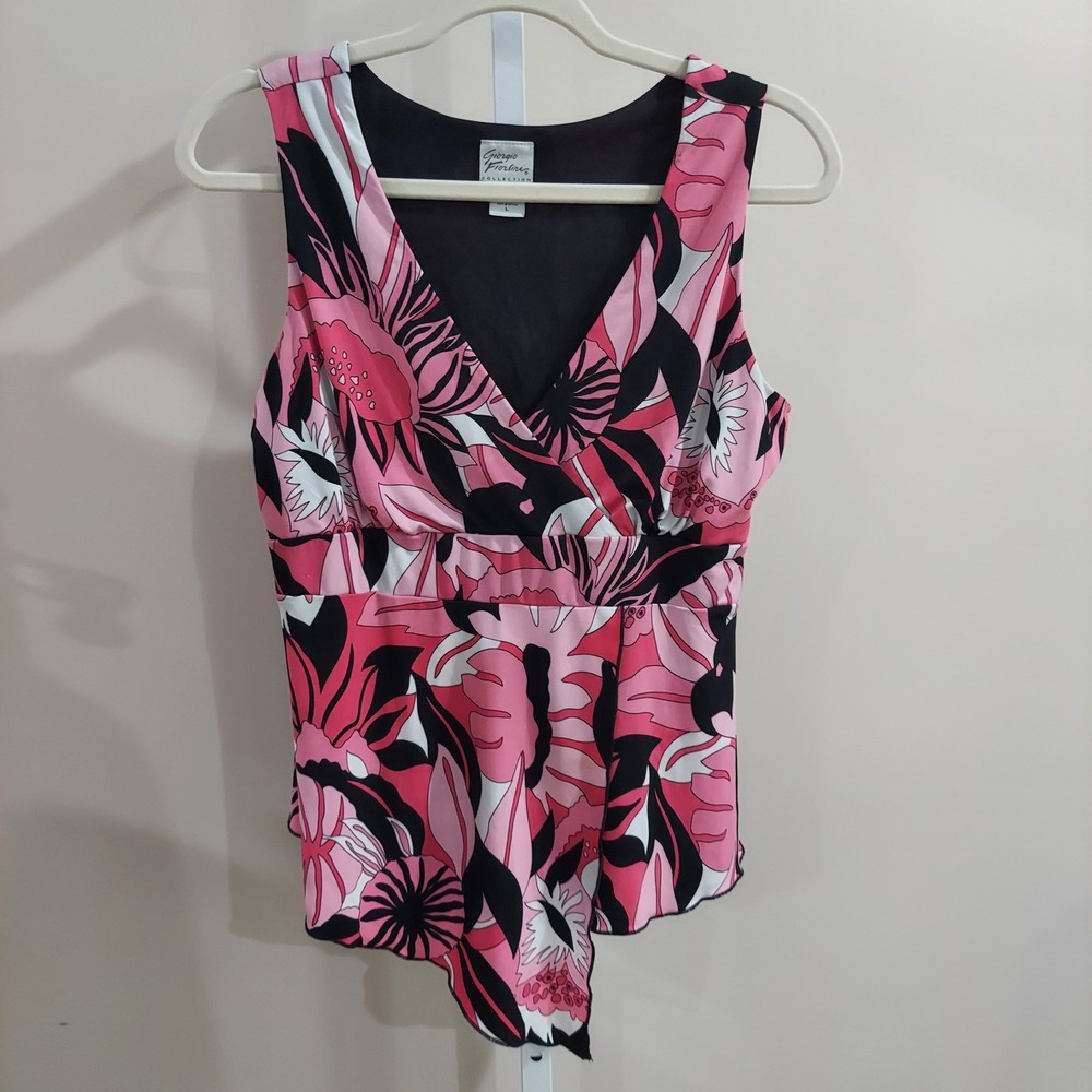 Giorgio Fiorlini Pink Black Floral V-Neck Peplum Fairy Top L Y2K Beach Tropical